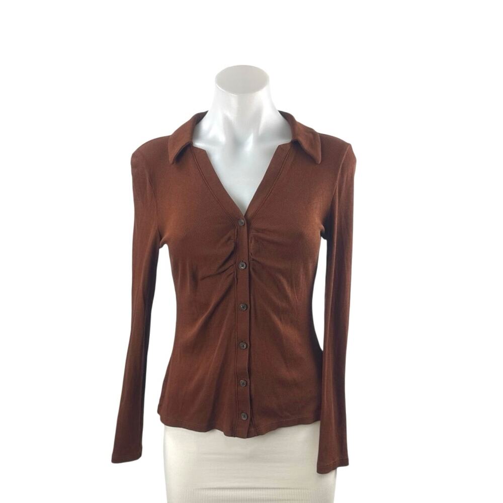 Madewell Women's Brown Collared Long Sleeve Button Down Tee T-Shirt Blouse Top S